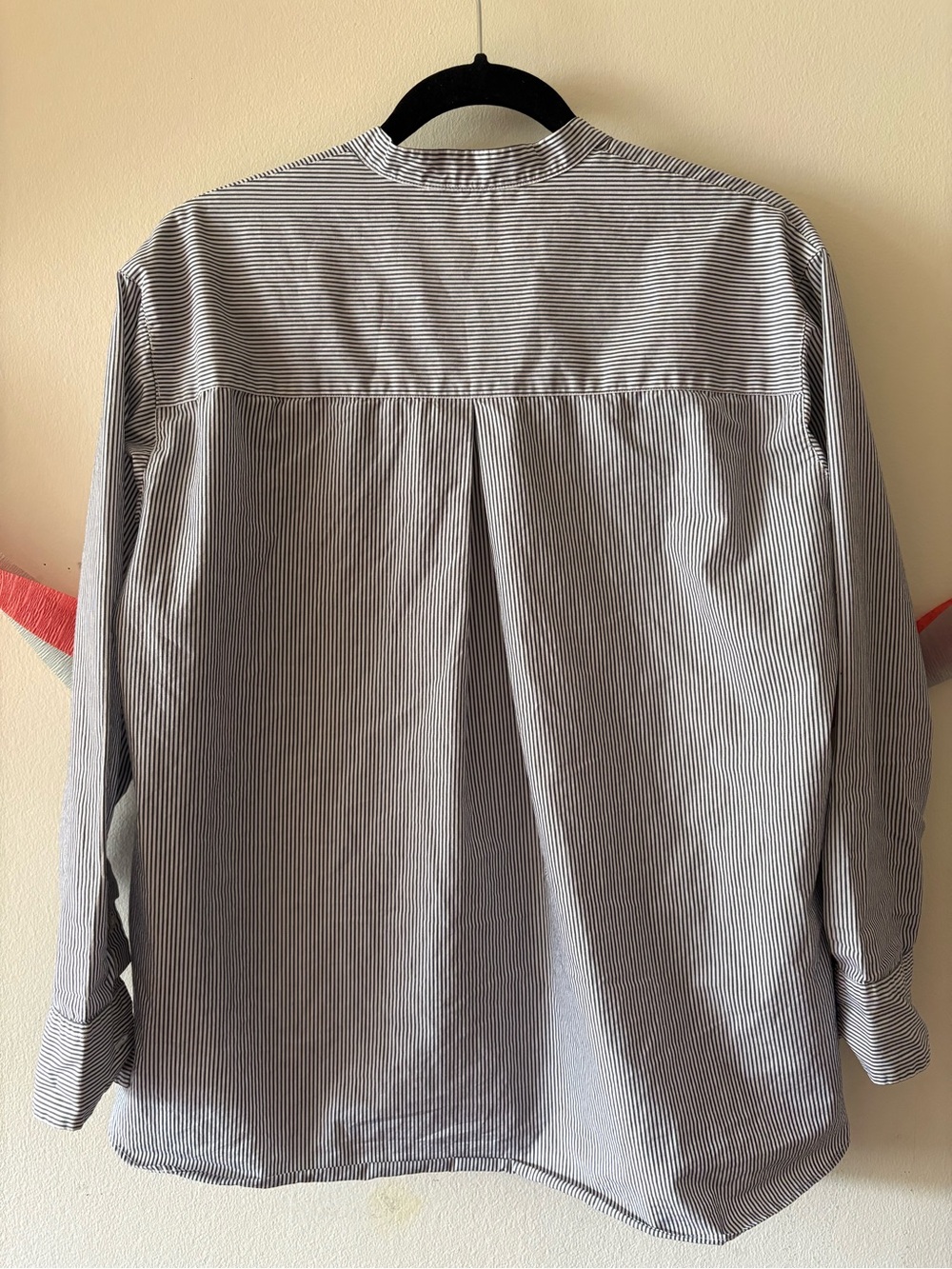 Uniqlo Boyfriend Navy and White Pinstripe Grandad Collar Shirt - Picture 2 of 2
